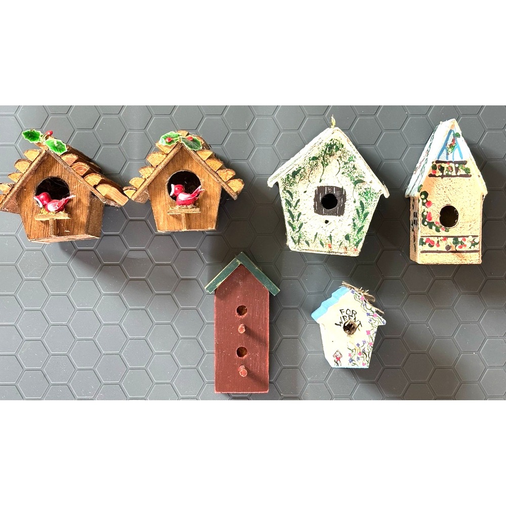 Lot Of 6 Vtg Miniature Wooden Bird Houses Christmas Primitive Rustic Wood Putz